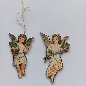 Vintage 1978 Christmas Angel Ornaments Set of 2 Merrimack 3.5" Paper Gold Wings
